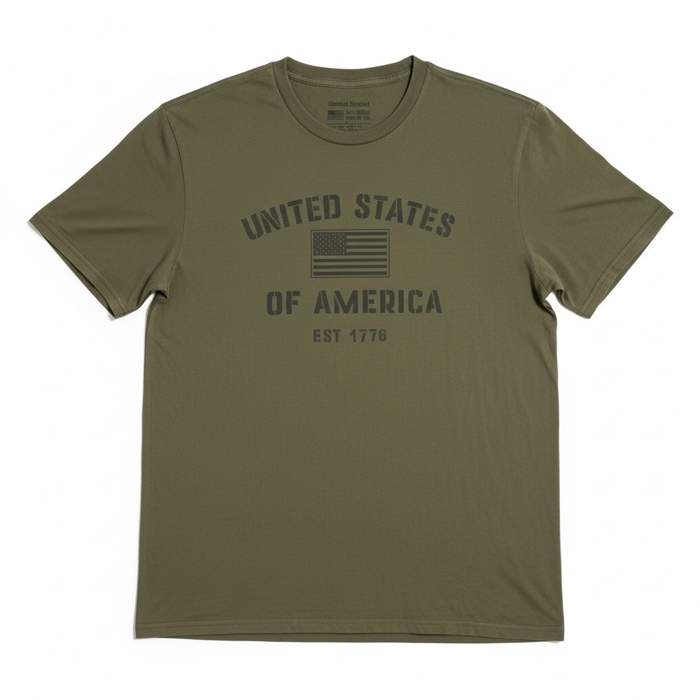 General Standard Mens USA Flag Graphic T-Shirt Olive‎ Green Cotton Made in USA M